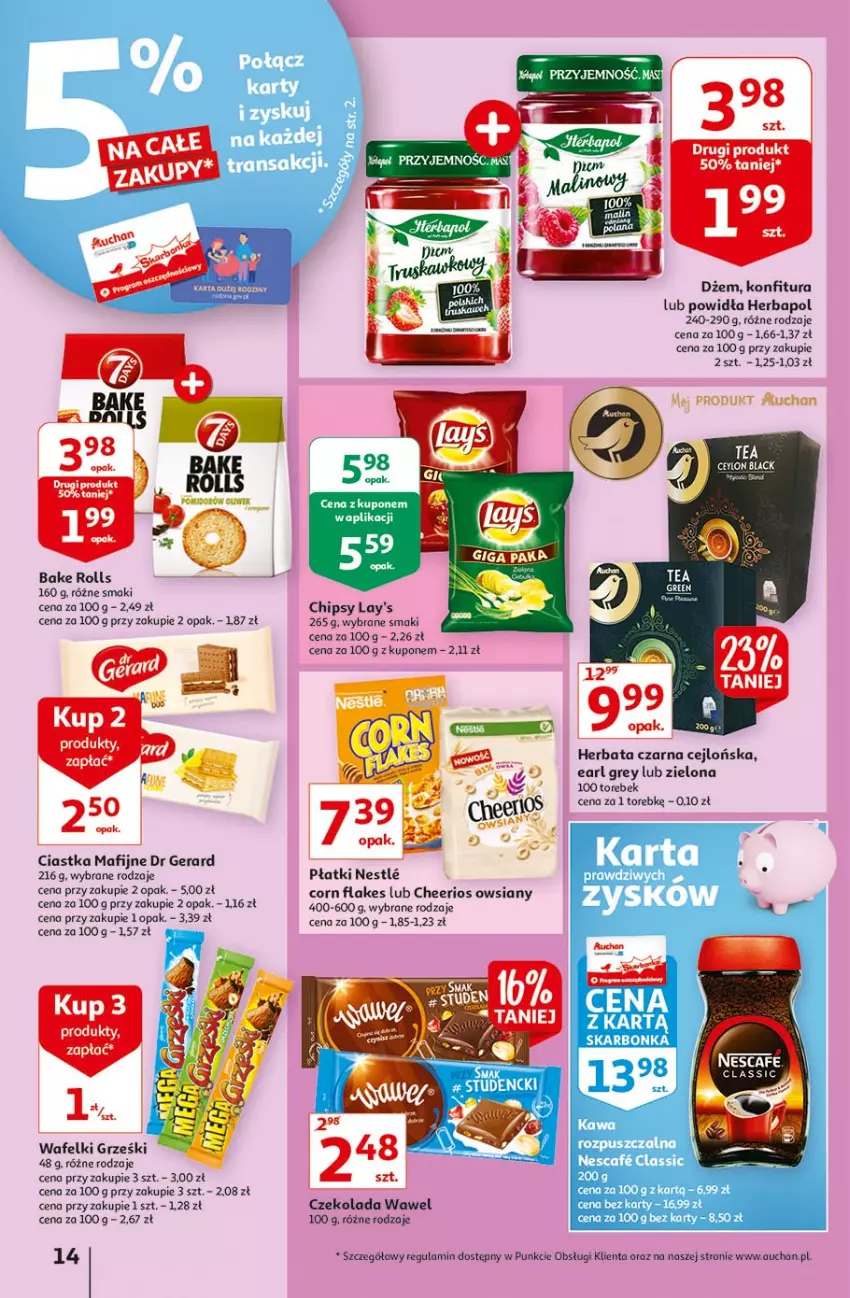 Gazetka promocyjna Auchan - Rysuje się pobudka na piątkę Hipermarkety - ważna 29.07 do 04.08.2021 - strona 14 - produkty: Bake Rolls, Cheerios, Chipsy, Ciastka, Corn flakes, Czekolada, Dr Gerard, Dżem, Earl Grey, Grześki, Herbapol, Herbata, Herbata czarna, Konfitura, Wawel