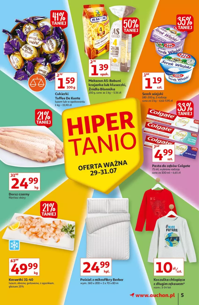 Gazetka promocyjna Auchan - Rysuje się pobudka na piątkę Hipermarkety - ważna 29.07 do 04.08.2021 - strona 5 - produkty: Cukier, Cukierki, Dorsz, Glazura, Kosz, Koszulka, Krewetki, Lazur, Pościel