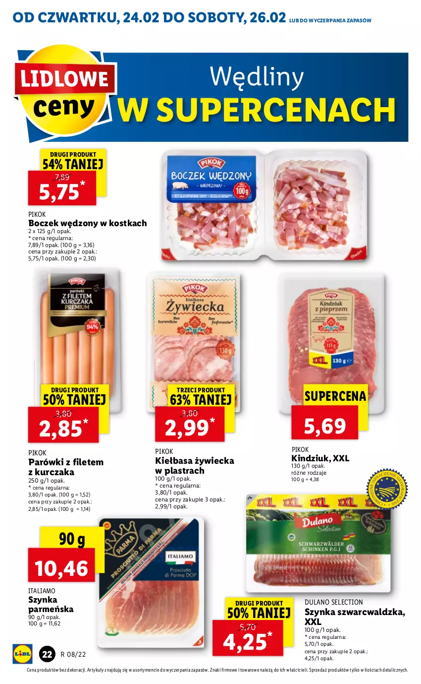 Gazetka promocyjna Lidl - GAZETKA - ważna 24.02 do 26.02.2022 - strona 22 - produkty: Boczek, Dulano, Kiełbasa, Kindziuk, Kurczak, Parówki, PIKOK, Szynka