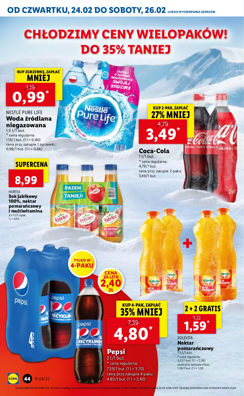 Gazetka promocyjna Lidl - GAZETKA - ważna 24.02 do 26.02.2022 - strona 44 - produkty: Coca-Cola, Gra, Hortex, LANA, Nektar, Nestlé, Pepsi, Pur, Sok, Sok jabłkowy, Woda