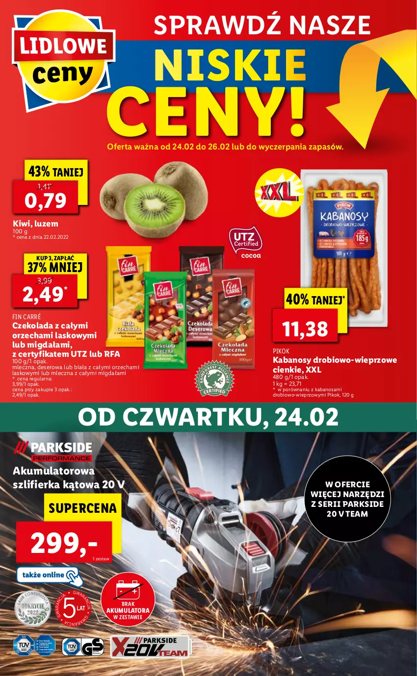 Gazetka promocyjna Lidl - GAZETKA - ważna 24.02 do 26.02.2022 - strona 58 - produkty: Akumulator, Czekolada, Deser, Fa, Kabanos, Kiwi, Parkside, PIKOK, Por, Ser, Szlifierka, Szlifierka kątowa