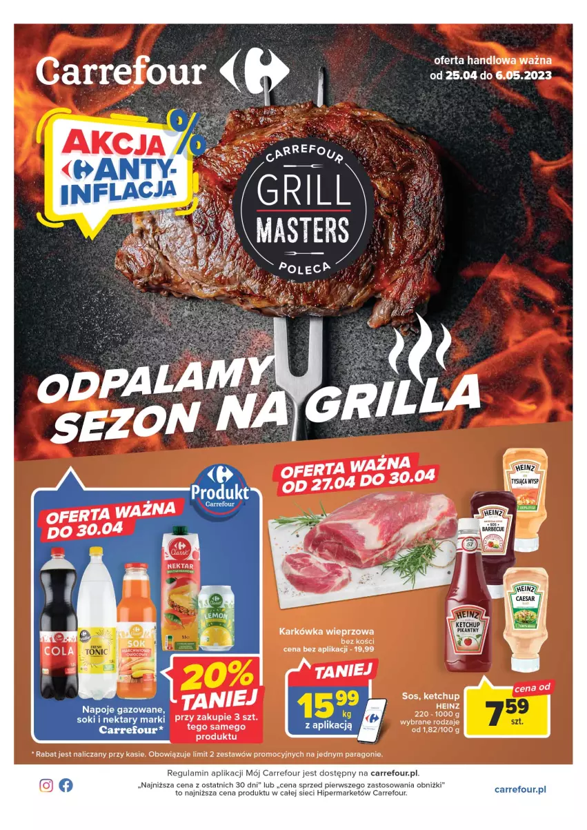 Gazetka promocyjna Carrefour - Gazetka Carrefour - ważna 25.04 do 06.05.2023 - strona 1 - produkty: Heinz, Karkówka wieprzowa, Ketchup, Napoje, Sos