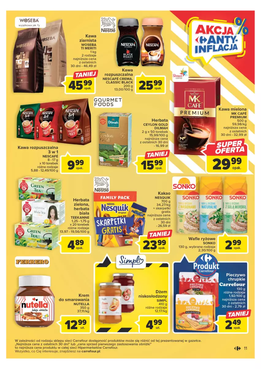 Gazetka promocyjna Carrefour - Gazetka Carrefour - ważna 25.04 do 06.05.2023 - strona 11 - produkty: Chrupki, Dilmah, Dżem, Herbata, Kakao, Kawa, Kawa mielona, Kawa rozpuszczalna, Kawa ziarnista, Nesquik, Nutella, Piec, Pieczywo, Pieczywo chrupkie, Ryż, Sonko, Teekanne, Wafle, Wafle ryzowe, Woseba