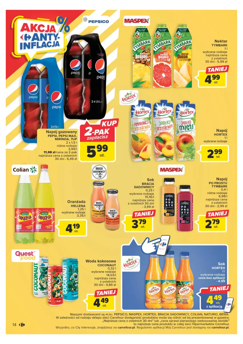 Gazetka promocyjna Carrefour - Gazetka Carrefour - ważna 25.04 do 06.05.2023 - strona 14 - produkty: 7up, Hortex, Kokos, Mirinda, Napój, Napój gazowany, Nektar, Oranżada, Pepsi, Pepsi max, Sok, Tymbark, Woda