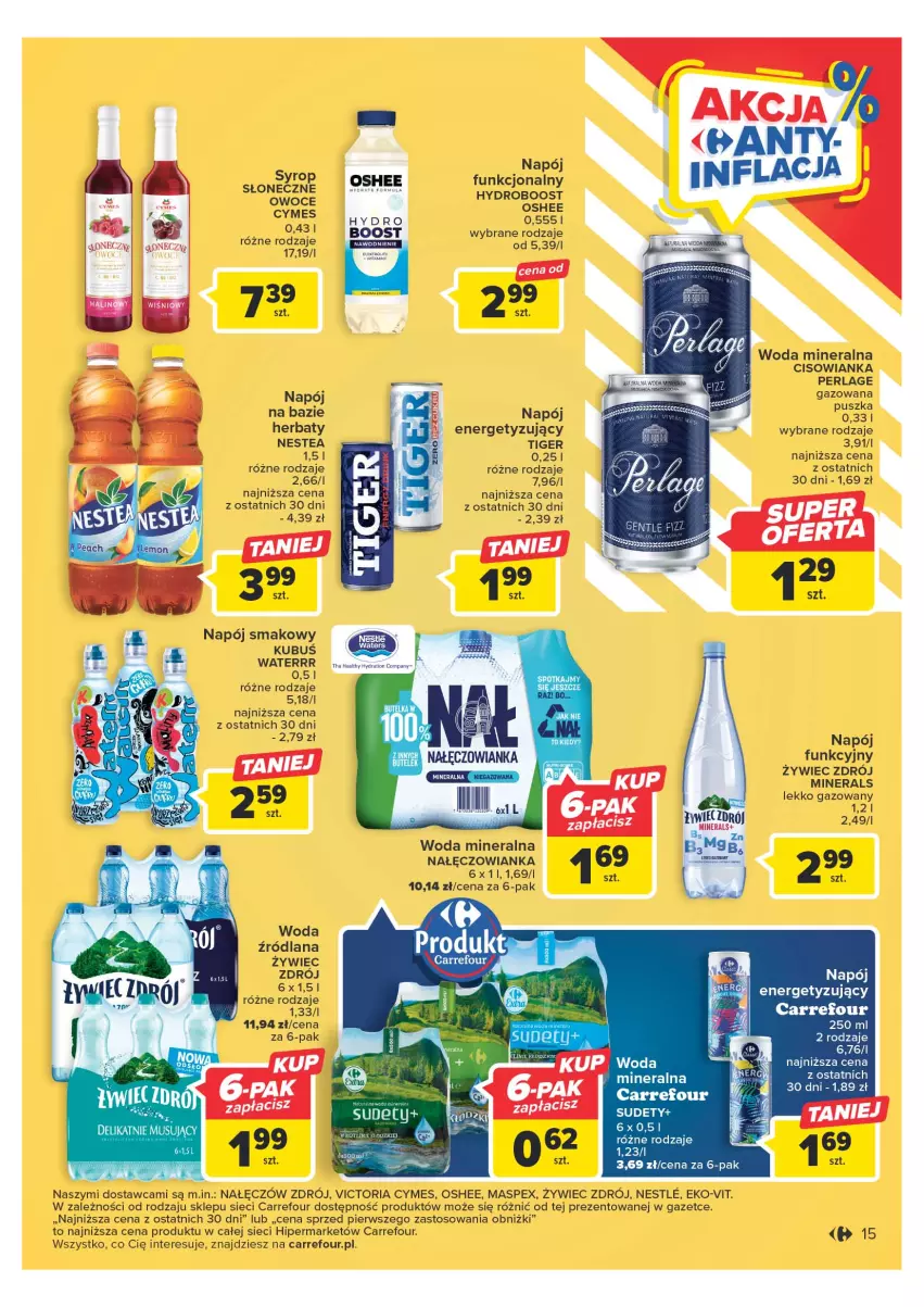 Gazetka promocyjna Carrefour - Gazetka Carrefour - ważna 25.04 do 06.05.2023 - strona 15 - produkty: Canon, Cisowianka, Kubuś, LANA, Nałęczowianka, Napój, Nestea, Oshee, Owoce, Tiger, Woda, Woda mineralna