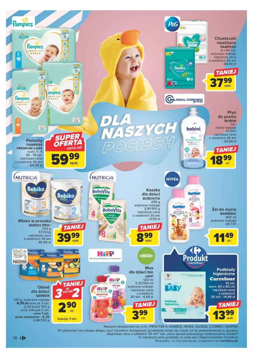 Gazetka promocyjna Carrefour - Gazetka Carrefour - ważna 25.04 do 06.05.2023 - strona 18 - produkty: Bebiko, BoboVita, Chusteczki, Dzieci, Gerber, HiPP, Kosz, Mleko, Mleko w proszku, Mus, Nivea, Pampers, Pieluchy, Podkład, Tran