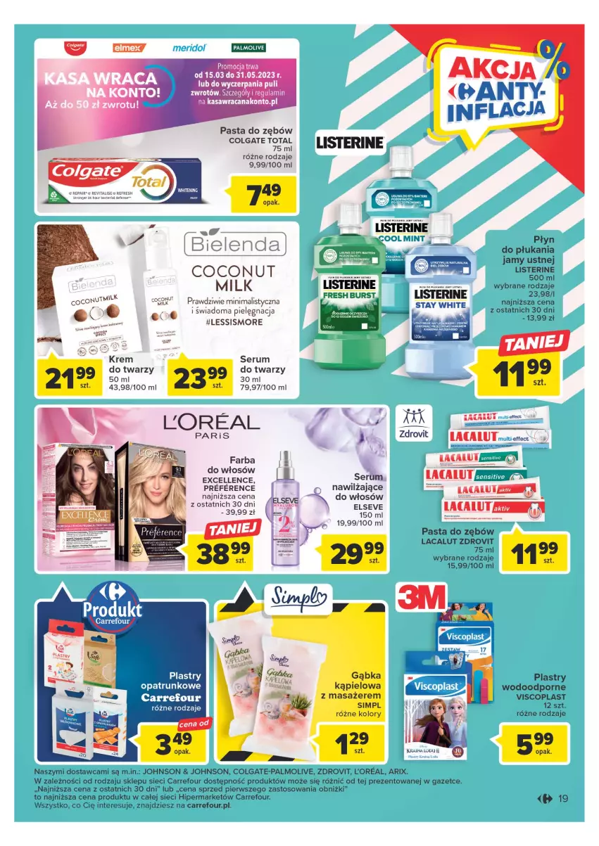 Gazetka promocyjna Carrefour - Gazetka Carrefour - ważna 25.04 do 06.05.2023 - strona 19 - produkty: Acana, Bielenda, Colgate, Colgate Total, Elseve, Fa, Lacalut, LG, Listerine, Palmolive, Pasta do zębów, Plastry opatrunkowe, Por, Rum, Ser, Serum, Serum do twarzy, Viscoplast