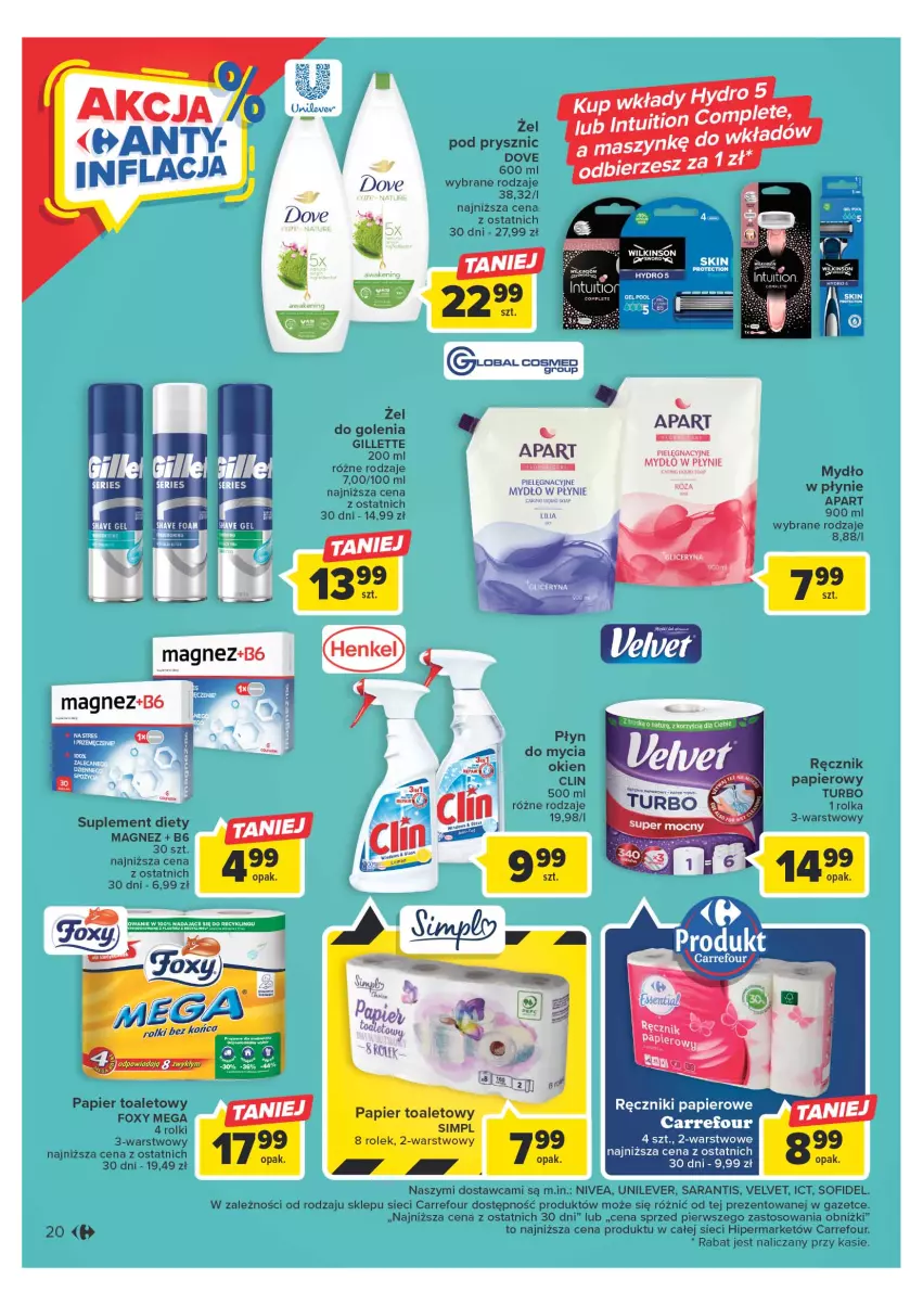 Gazetka promocyjna Carrefour - Gazetka Carrefour - ważna 25.04 do 06.05.2023 - strona 20 - produkty: Clin, Dove, Foxy, Gillette, Magnez, Mydło, Mydło w płynie, Nivea, Papier, Papier toaletowy, Płyn do mycia, Ręcznik, Ręczniki papierowe, Rolki, Suplement diety, Velvet