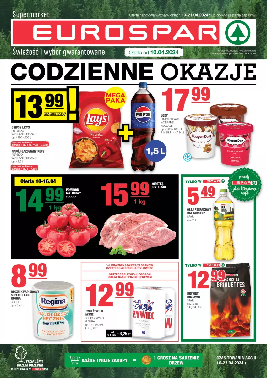 Gazetka promocyjna Spar - EuroSpar - ważna 07.04 do 17.04.2024 - strona 1 - produkty: Chipsy, Gin, LG, Lody, Napój, Napój gazowany, Olej, Olej rzepakowy, Papier, Pepsi, Piwo, Pomidor malinowy, Ręcznik