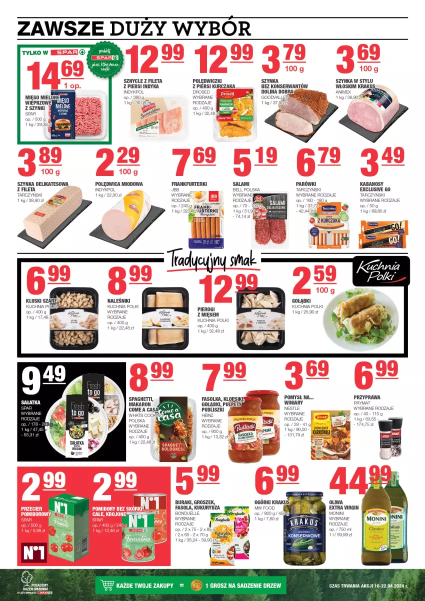 Gazetka promocyjna Spar - EuroSpar - ważna 07.04 do 17.04.2024 - strona 4 - produkty: Bell, Bonduelle, Buraki, Fa, Fasola, Frankfurterki, Gin, Groszek, Heinz, Jabłka, Kabanos, Krakus, Kuchnia, Kukurydza, Kurczak, Makaron, Monini, Naleśniki, Parówki, Pierogi, Polędwica, Prymat, Pudliszki, Rolki, Salami, Sałat, Sałatka, Ser, Spaghetti, Szynka, Szynka delikatesowa, Tarczyński, Winiary