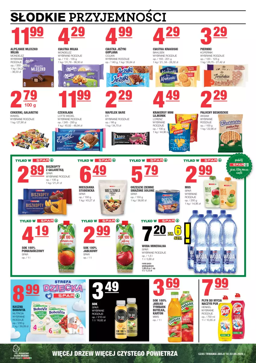 Gazetka promocyjna Spar - EuroSpar - ważna 07.04 do 17.04.2024 - strona 6 - produkty: Aksam, Beskidzki, Biszkopty, Ciastka, Cukier, Cukierki, Czekolada, Gala, Galaretki, Goplana, Jeżyki, Krakersy, Krakus, Krakuski, Lajkonik, LANA, Lorenz, Mieszanka studencka, Milka, Mleczko, Mus, Orzeszki, Orzeszki ziemne, Piernik, Płyn do mycia, Pur, Sok, Tymbark, Wafelek, Wawel, Woda, Woda mineralna