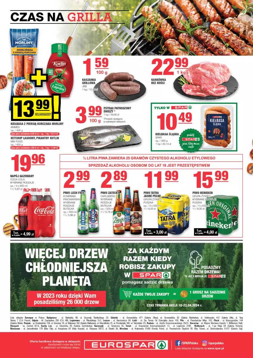 Gazetka promocyjna Spar - EuroSpar - ważna 07.04 do 17.04.2024 - strona 8 - produkty: Carlsberg, Coca-Cola, Dzieci, Fa, Gra, Grill, Heineken, Kasza, Kaszanka, Kiełbasa, Kosz, Kotlin, Kurczak, Morliny, Napój, Napój gazowany, Piwo, Pstrąg, Rum, Tatra