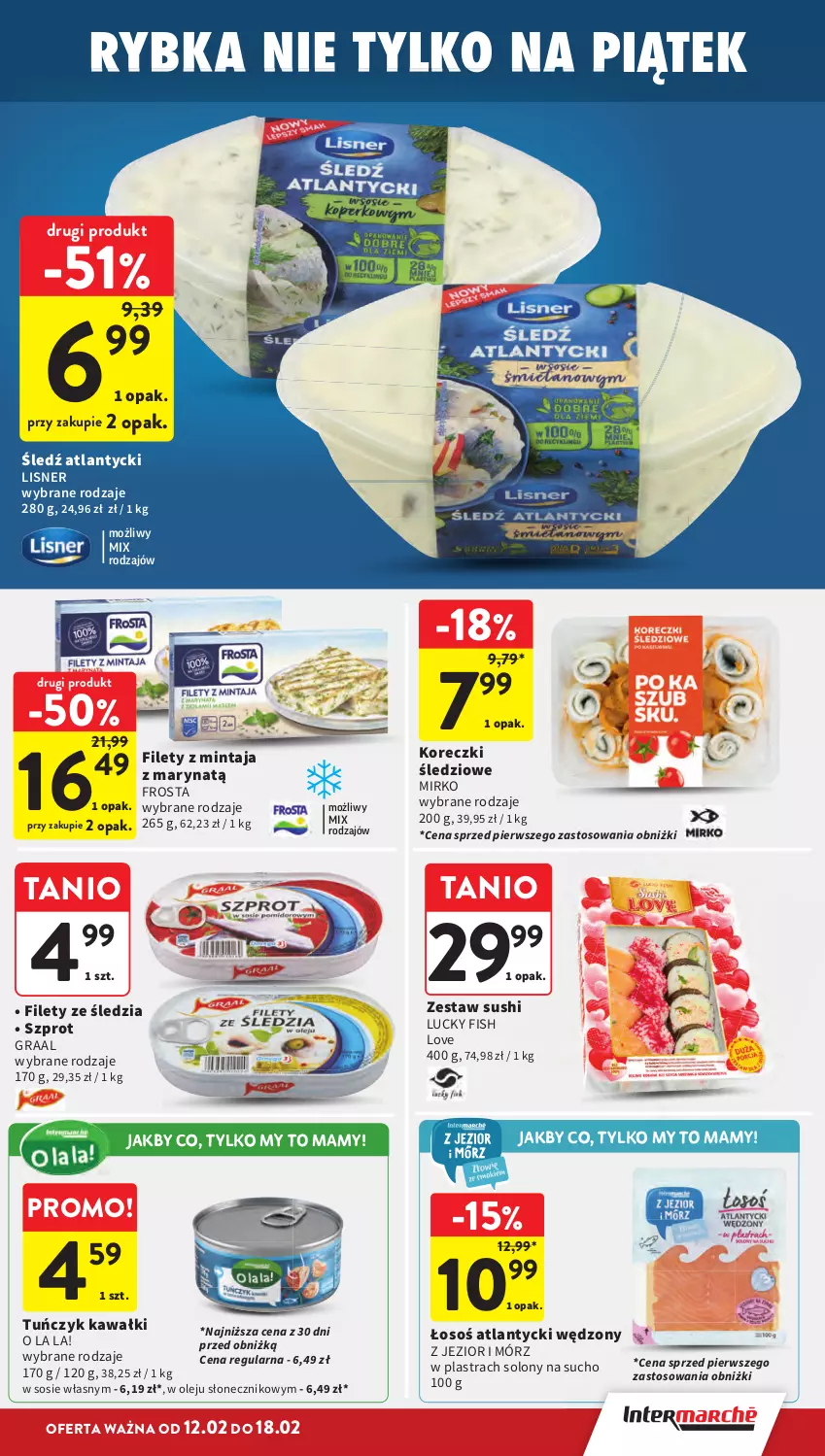 Gazetka promocyjna Intermarche - Gazetka Intermarche - ważna 12.02 do 18.02.2026 - strona 23 - produkty: Frosta, Gra, Graal, Kawa, Koreczki śledziowe, Lisner, Mintaj, Olej, Sos, Sushi, Szprot, Tuńczyk