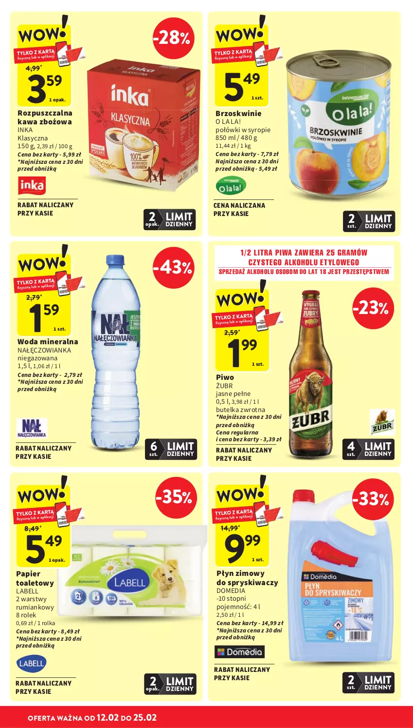 Gazetka promocyjna Intermarche - Gazetka Intermarche - ważna 12.02 do 18.02.2026 - strona 9 - produkty: Bell, Brzoskwinie, Gra, Inka, Kawa, Kawa zbożowa, Nałęczowianka, Papier, Papier toaletowy, Piwa, Piwo, Płyn zimowy, Rum, Syrop, Top, Woda, Woda mineralna