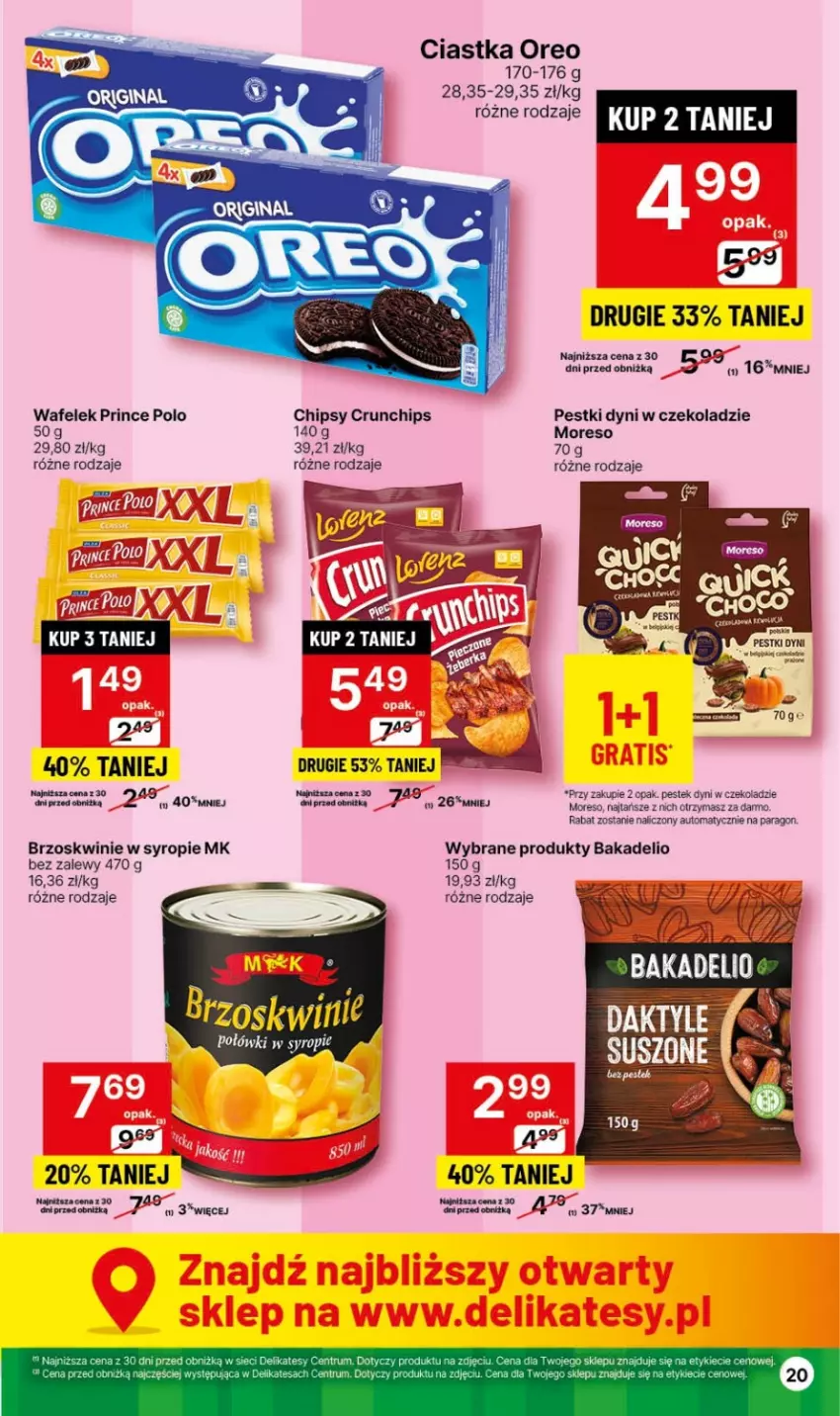 Gazetka promocyjna Delikatesy Centrum - Dyskontowe ceny w Delikatesach Centrum - ważna 15.02 do 21.02.2024 - strona 20 - produkty: Brzoskwinie, Chipsy, Ciastka, Crunchips, Oreo, Pestki dyni, Prince Polo, Stek, Syrop, Wafelek