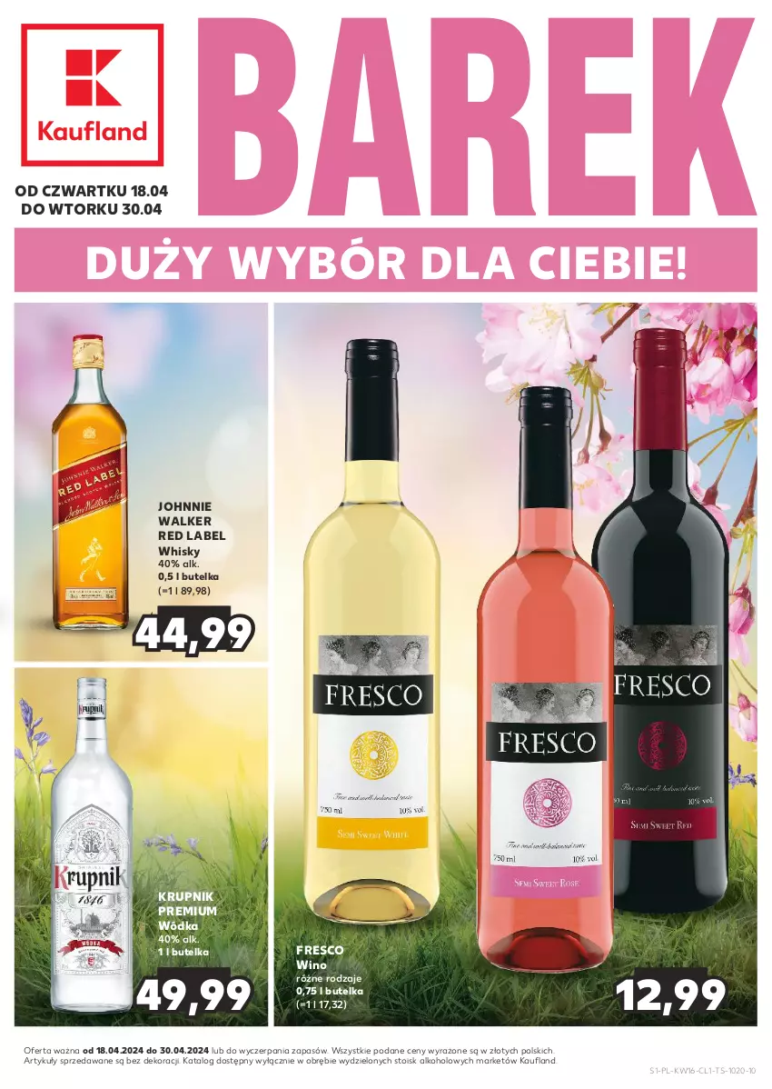 Gazetka promocyjna Kaufland - Barek Kauflandu - ważna 18.04 do 30.04.2024 - strona 1 - produkty: Fresco, Johnnie Walker, Krupnik, Whisky, Wino, Wódka