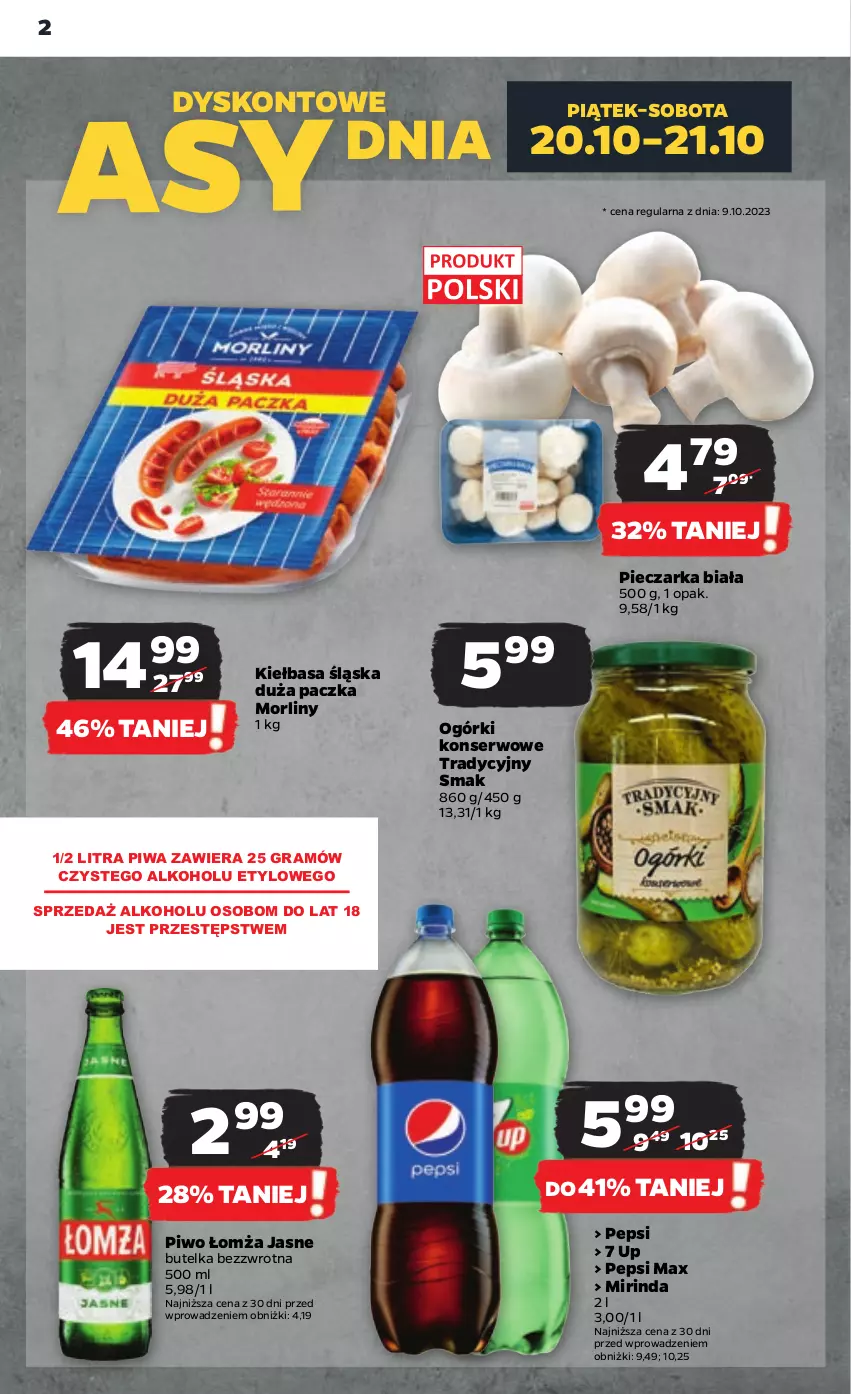 Gazetka promocyjna Netto - Artykuły spożywcze - ważna 19.10 do 25.10.2023 - strona 2 - produkty: Gra, Kiełbasa, Kiełbasa śląska, Mirinda, Morliny, Ogórki konserwowe, Pepsi, Pepsi max, Piec, Pieczarka, Piwa, Piwo, Ser