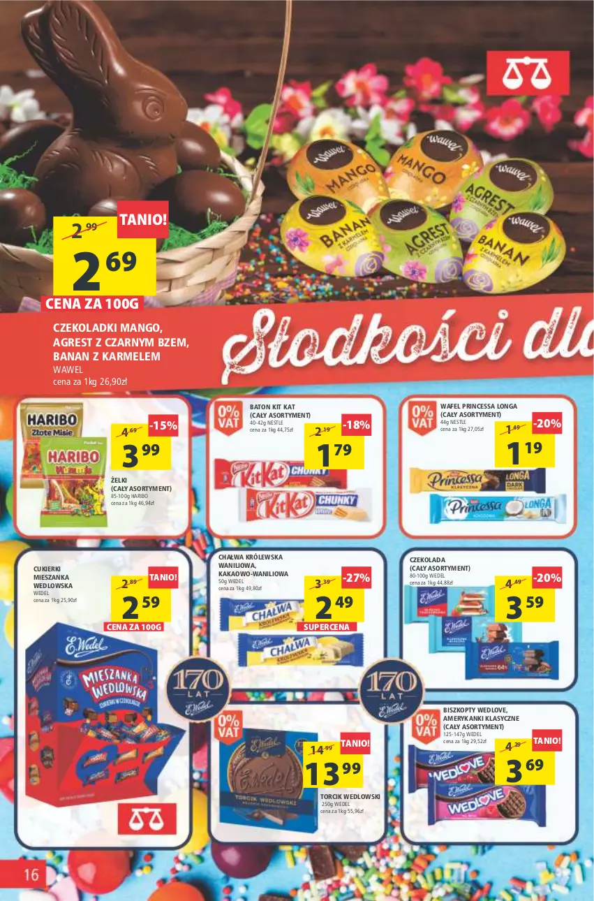 Gazetka promocyjna Arhelan - Gazetka - ważna 25.03 do 03.04.2022 - strona 16 - produkty: Baton, Biszkopty, Chałwa, Cukier, Cukierki, Czekolada, Gres, Haribo, Kakao, Kit Kat, Mango, Mieszanka wedlowska, Princessa, Wawel