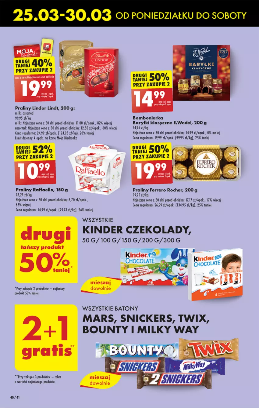 Gazetka promocyjna Biedronka - Od poniedzialku - ważna 25.03 do 30.03.2024 - strona 44 - produkty: Baryłki, Baton, Bounty, Dron, Fa, Ferrero, Ferrero Rocher, Kinder, Lindt, Mars, Milky Way, Praliny, Raffaello, Snickers, Twix