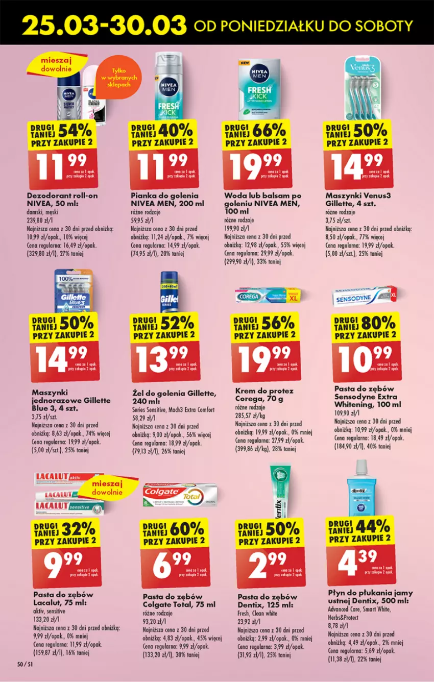 Gazetka promocyjna Biedronka - Od poniedzialku - ważna 25.03 do 30.03.2024 - strona 54 - produkty: Colgate, Colgate Total, Corega, Gillette, Lacalut, LG, Nivea, Nivea Men, Pasta do zębów, Pianka do golenia, Płyn do płukania, Płyn do płukania jamy ustnej, Sensodyne, Venus, Woda