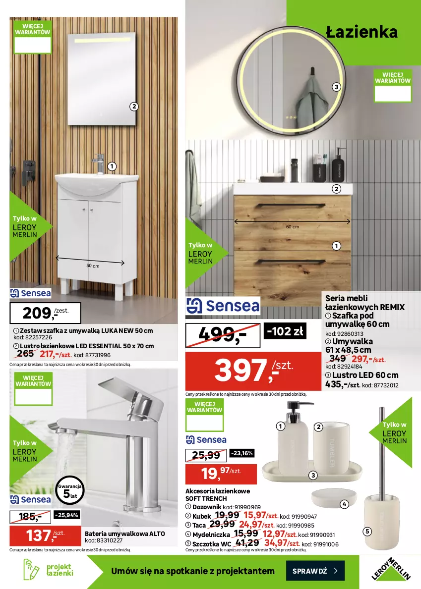 Gazetka promocyjna Leroy Merlin - Gazetka Leroy Merlin - ważna 20.05 do 16.06.2026 - strona 27 - produkty: Bateria, Bateria umywalkowa, Dozownik, Gres, Gres szkliwiony, Kubek, Lack, Lustro, Lustro LED, Mydelniczka, Por, Ser, Szafka, Szafka pod umywalkę, Szczotka, Taca, Umywalka