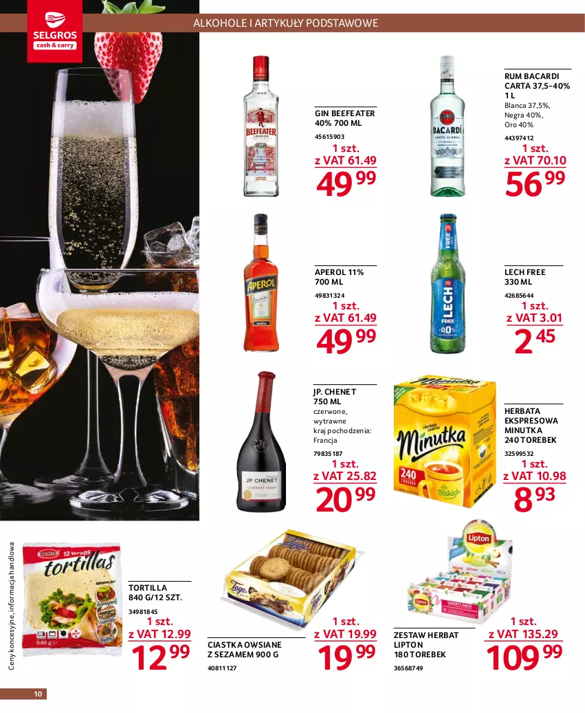 Gazetka promocyjna Selgros - Oferta gastronomiczna - ważna 19.01 do 01.02.2023 - strona 10 - produkty: Alkohole, Aperol, Bacardi, Ciastka, Ciastka owsiane, Gin, Gra, Herbata, Lipton, Rum, Sezam, Tortilla