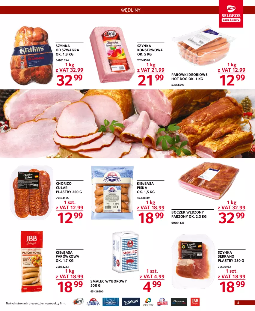 Gazetka promocyjna Selgros - Oferta gastronomiczna - ważna 19.01 do 01.02.2023 - strona 5 - produkty: Boczek, Gra, Hot dog, Kiełbasa, Parówki, Ser, Smalec, Szynka, Szynka konserwowa