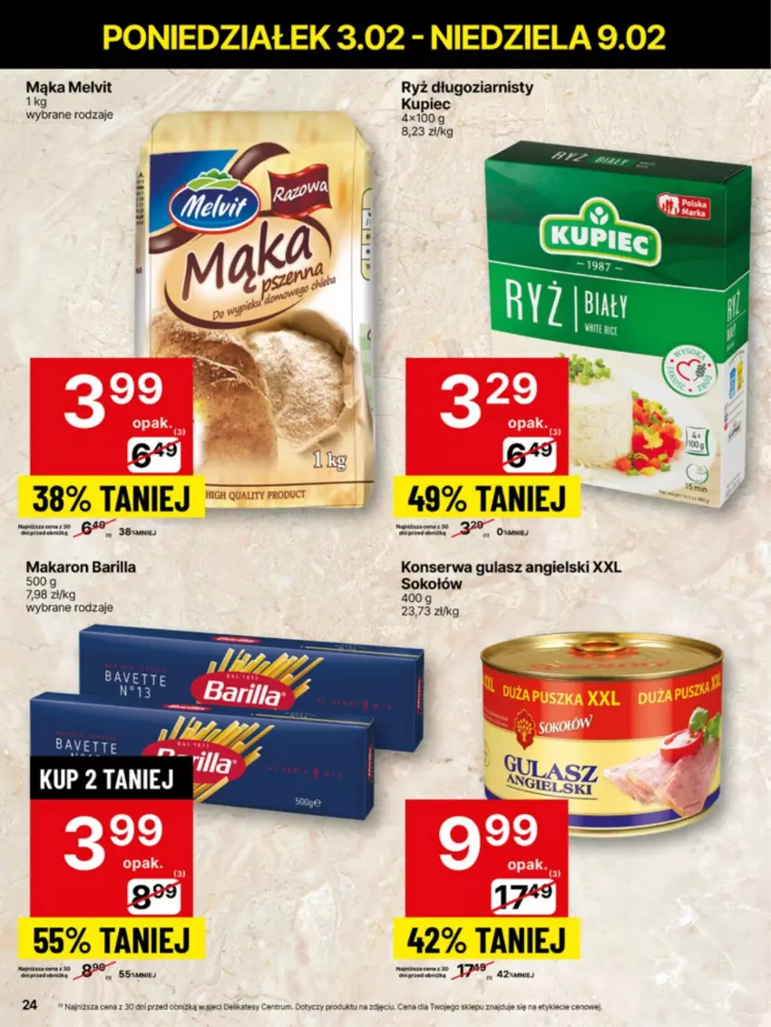 Gazetka promocyjna Delikatesy Centrum - NOWA GAZETKA Delikatesy Centrum od 3 lutego! 3-9.02.2025 - ważna 03.02 do 09.02.2025 - strona 24 - produkty: Barilla, Kupiec, Mąka, Makaron, Melvit, Piec, Ryż, Ser, Sok, Sokołów