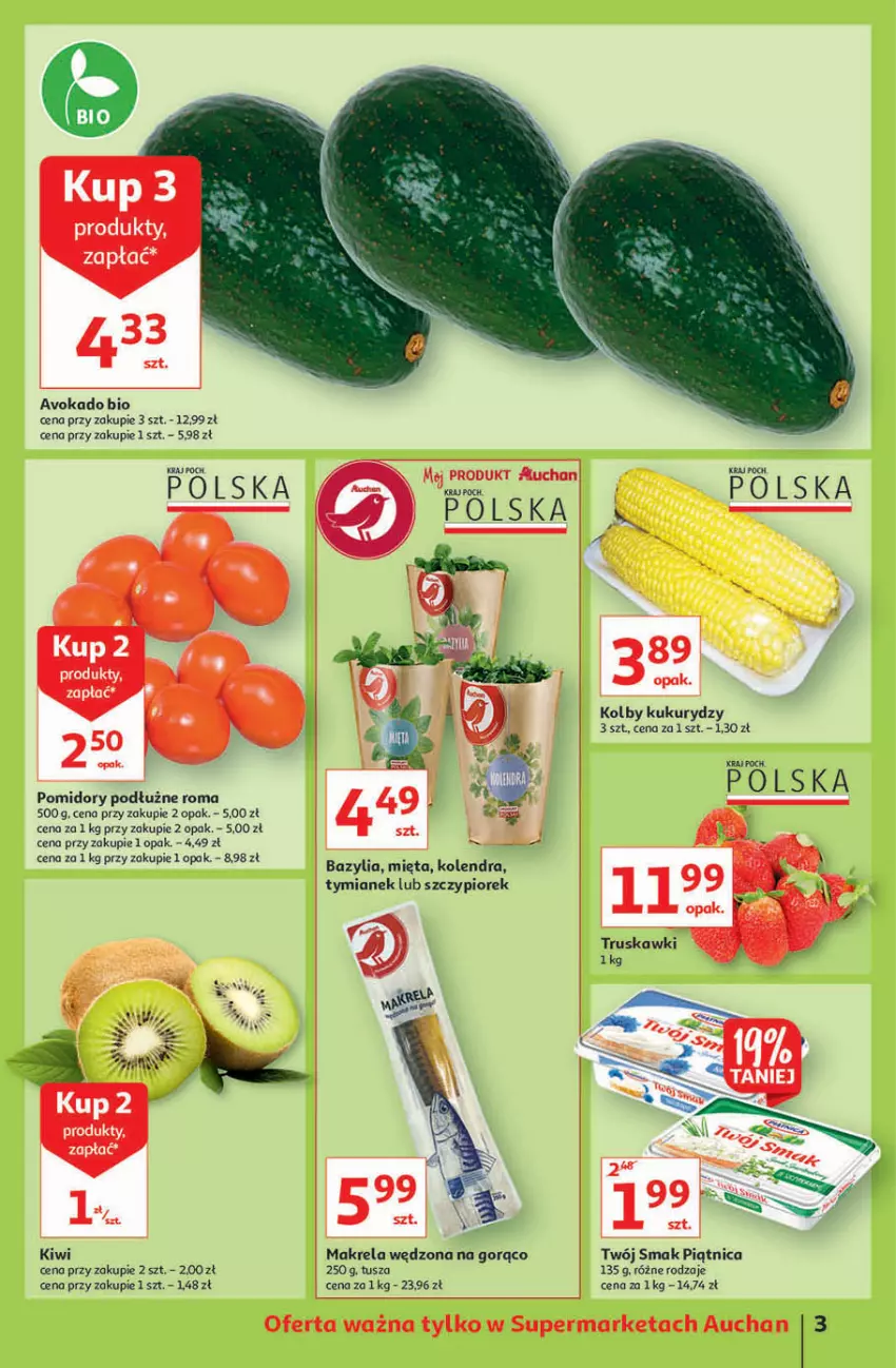 Gazetka promocyjna Auchan - Rysują się supertanie okazje Supermarkety - ważna 19.08 do 25.08.2021 - strona 3 - produkty: Bazyl, Bazylia, Kiwi, Kolendra, Mięta, Piątnica, Pomidory, Tusz, Twój Smak