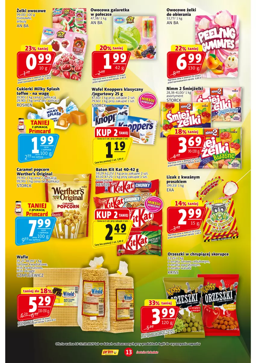 Gazetka promocyjna Prim Market - ważna 16.10 do 22.10.2025 - strona 13 - produkty: Arbuz, Baton, Cukier, Cukierki, Gala, Galaretka, Gin, Jogurt, Kit Kat, Knoppers, NBA, Orzeszki, Popcorn, Ser, Truskawki, Wafle
