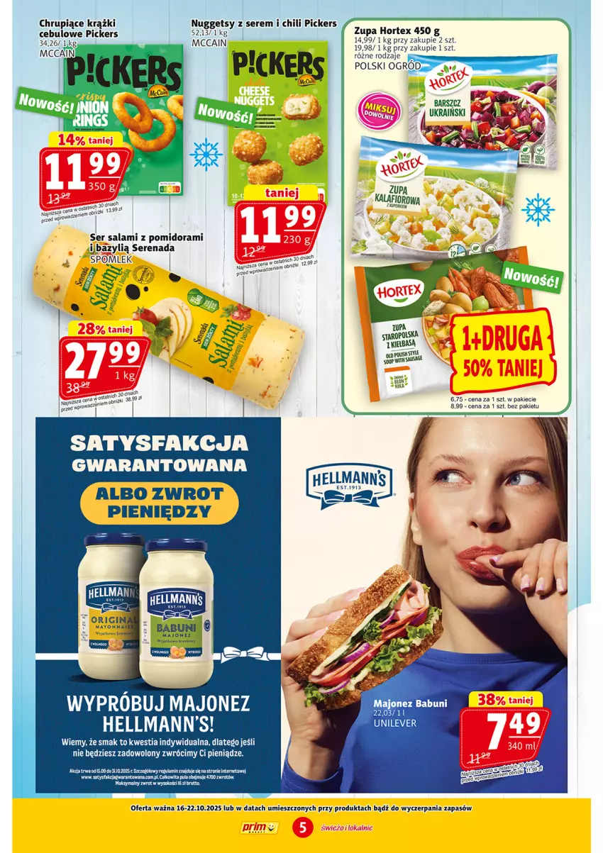 Gazetka promocyjna Prim Market - ważna 16.10 do 22.10.2025 - strona 5 - produkty: Babuni, Bazyl, Fa, Gin, Hortex, Kalafior, Kiełbasa, Krążki cebulowe, Majonez, McCain, Salami, Ser, Ser salami, Zupa