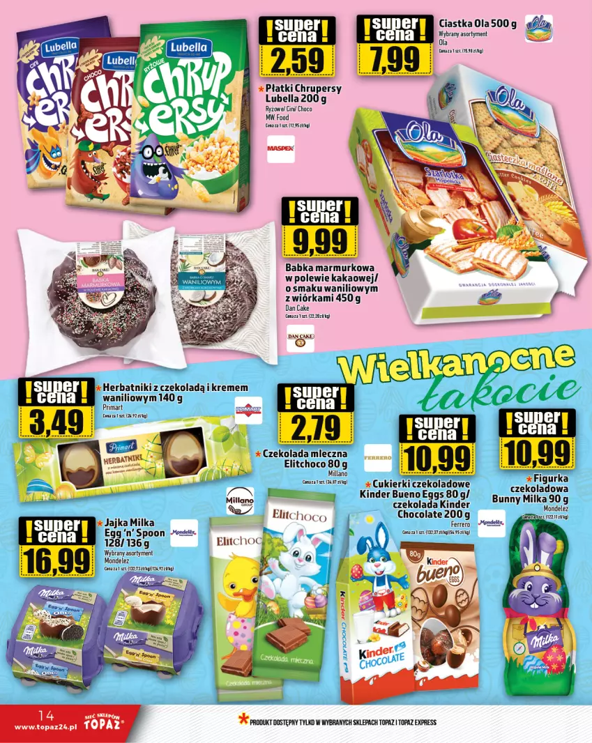 Gazetka promocyjna Topaz - Gazetka - ważna 14.03 do 20.03.2024 - strona 14 - produkty: Babka, Bell, Bella, Ciastka, Cukier, Cukierki, Cukierki czekoladowe, Czekolada, Czekolada mleczna, Dan Cake, Herbatniki, Kakao, Kinder, Kinder Bueno, Lubella, Malm, Milka, Prima, Ryż, Top