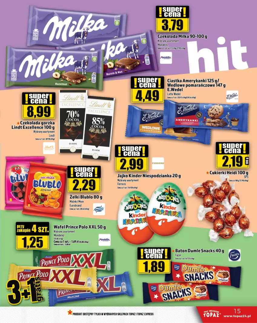 Gazetka promocyjna Topaz - Gazetka - ważna 14.03 do 20.03.2024 - strona 15 - produkty: Baton, Ciastka, Czekolada, Czekolada gorzka, Fa, Ferrero, Kinder, Lindt, Milka, Prince Polo, Top