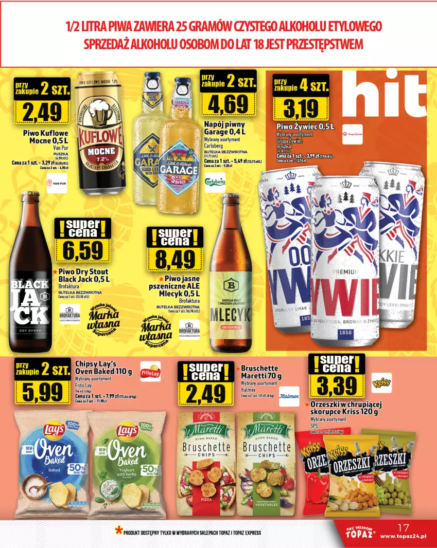 Gazetka promocyjna Topaz - Gazetka - ważna 14.03 do 20.03.2024 - strona 17 - produkty: Bruschette, Carlsberg, Chipsy, Fa, Lack, Napój, Piwo, Piwo jasne, Pur, Top