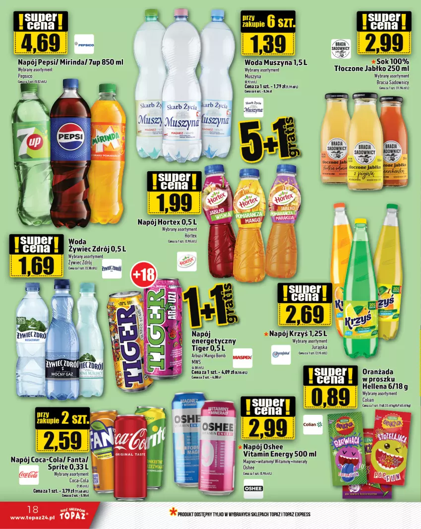 Gazetka promocyjna Topaz - Gazetka - ważna 14.03 do 20.03.2024 - strona 18 - produkty: 7up, Arbuz, Coca-Cola, Fa, Fanta, Hellena, Hortex, Magnez, Mango, Mirinda, Mus, Napój, Oranżada, Oshee, Pepsi, Sok, Sprite, Szyna, Tiger, Top, Woda