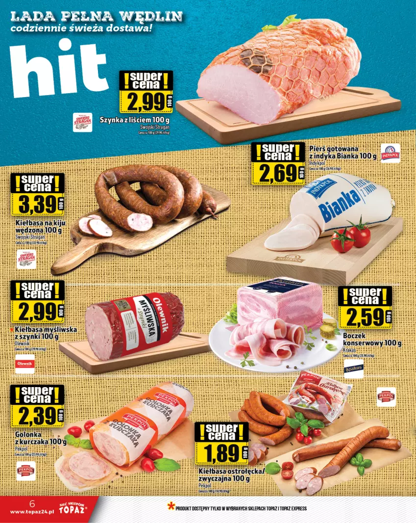 Gazetka promocyjna Topaz - Gazetka - ważna 14.03 do 20.03.2024 - strona 6 - produkty: Bianka, Boczek, Kiełbasa, Krakus, Kurczak, Ser, Szynka, Top