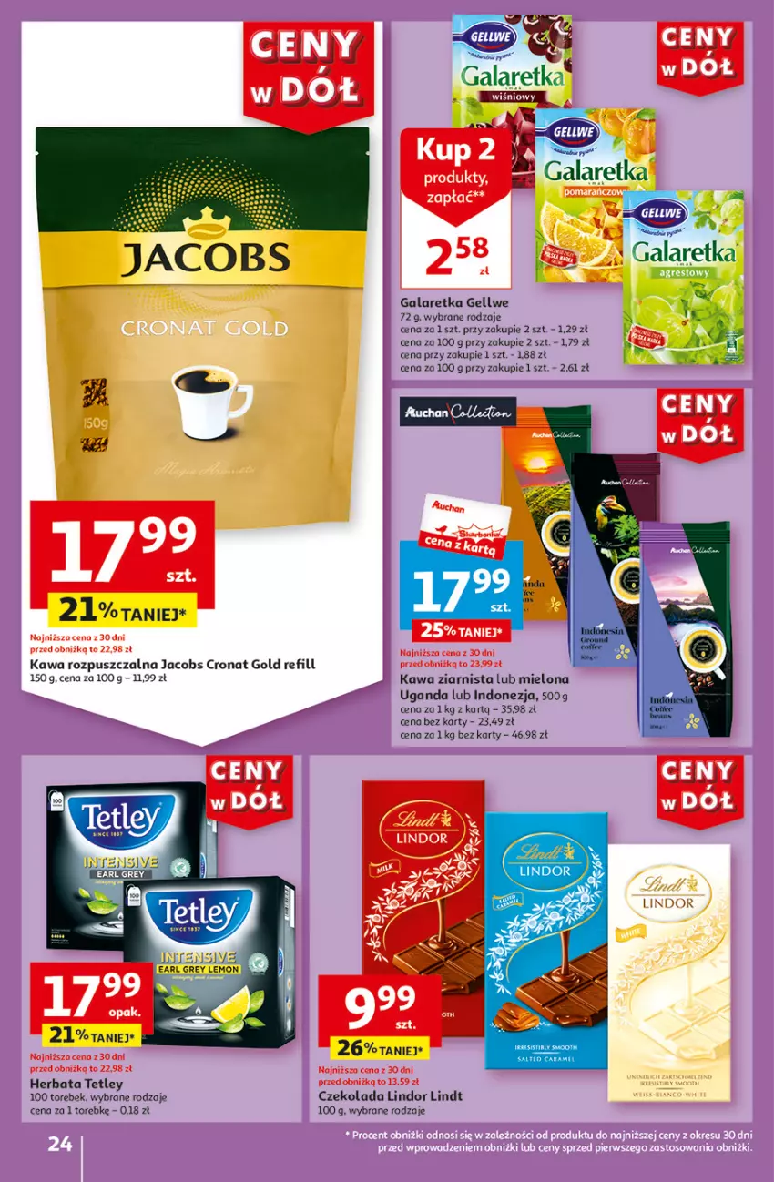 Gazetka promocyjna Auchan - Gazetka CENY W DÓŁ Hipermarket Auchan - ważna 31.05 do 05.06.2024 - strona 24 - produkty: Czekolada, Gala, Galaretka, Herbata, Jacobs, Kawa, Kawa rozpuszczalna, Kawa ziarnista, Lindor, Lindt, Tetley