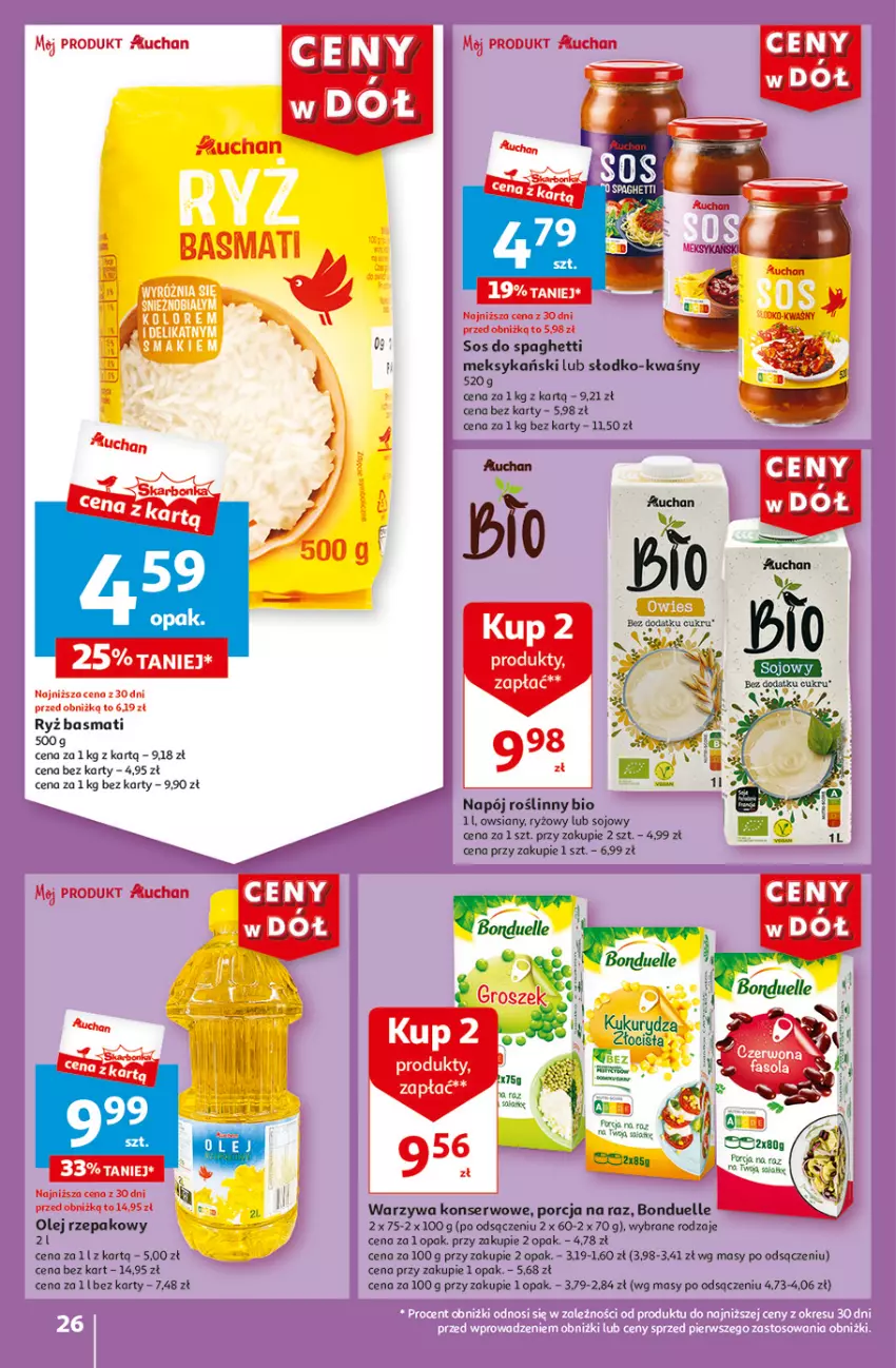 Gazetka promocyjna Auchan - Gazetka CENY W DÓŁ Hipermarket Auchan - ważna 31.05 do 05.06.2024 - strona 26 - produkty: Bonduelle, Napój, Napój roślinny, Olej, Olej rzepakowy, Por, Ryż, Ryż basmati, Ser, Sos, Spaghetti, Warzywa, Warzywa konserwowe