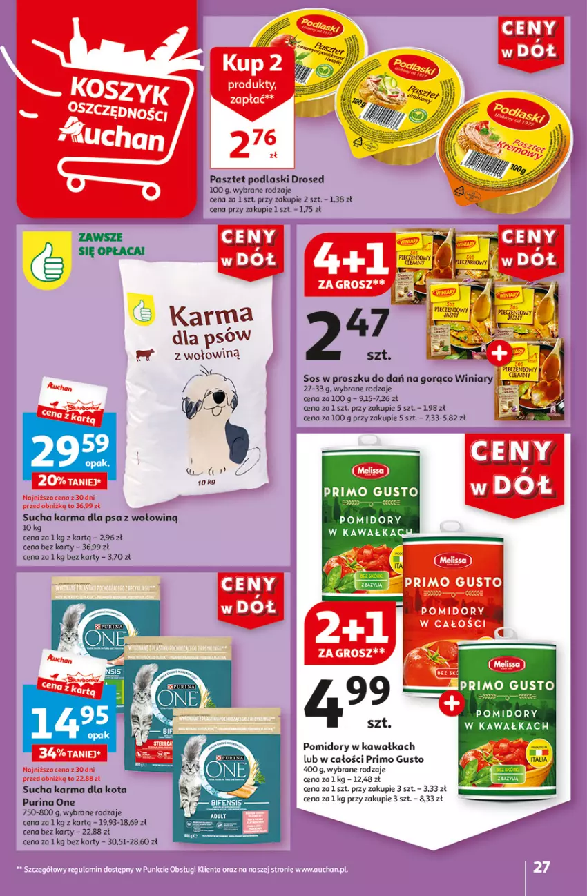 Gazetka promocyjna Auchan - Gazetka CENY W DÓŁ Hipermarket Auchan - ważna 31.05 do 05.06.2024 - strona 27 - produkty: Fa, Kawa, Pasztet, Piec, Podlaski, Pomidory, Pomidory w kawałkach, Pur, Purina, Sos, Sucha karma, Winiary