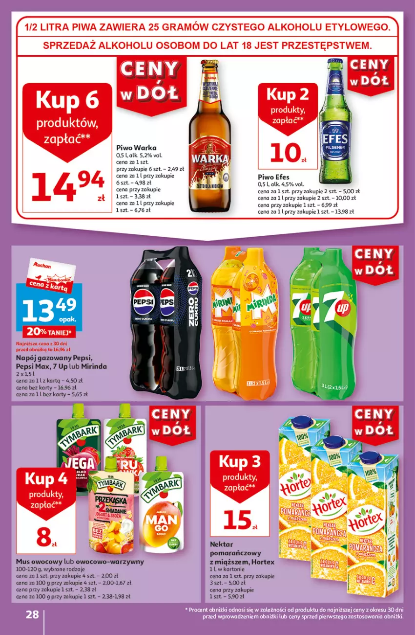 Gazetka promocyjna Auchan - Gazetka CENY W DÓŁ Hipermarket Auchan - ważna 31.05 do 05.06.2024 - strona 28 - produkty: Hortex, Mirinda, Mus, Napój, Napój gazowany, Nektar, Pepsi, Pepsi max, Piwo, Warka