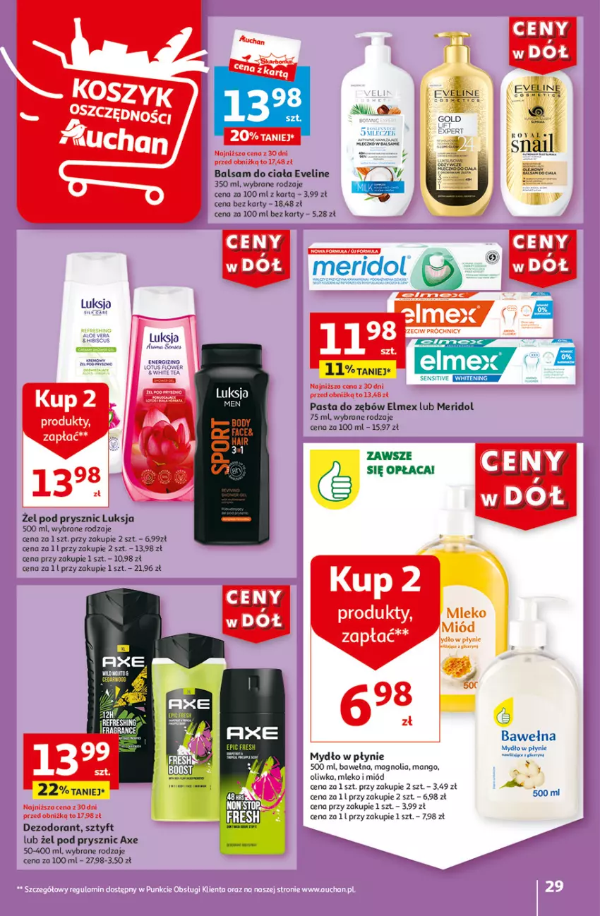 Gazetka promocyjna Auchan - Gazetka CENY W DÓŁ Hipermarket Auchan - ważna 31.05 do 05.06.2024 - strona 29 - produkty: Balsam do ciała, Dezodorant, Elmex, Eveline, Fa, Luksja, Mango, Miód, Mleczko, Mleko, Mydło, Mydło w płynie, Wełna