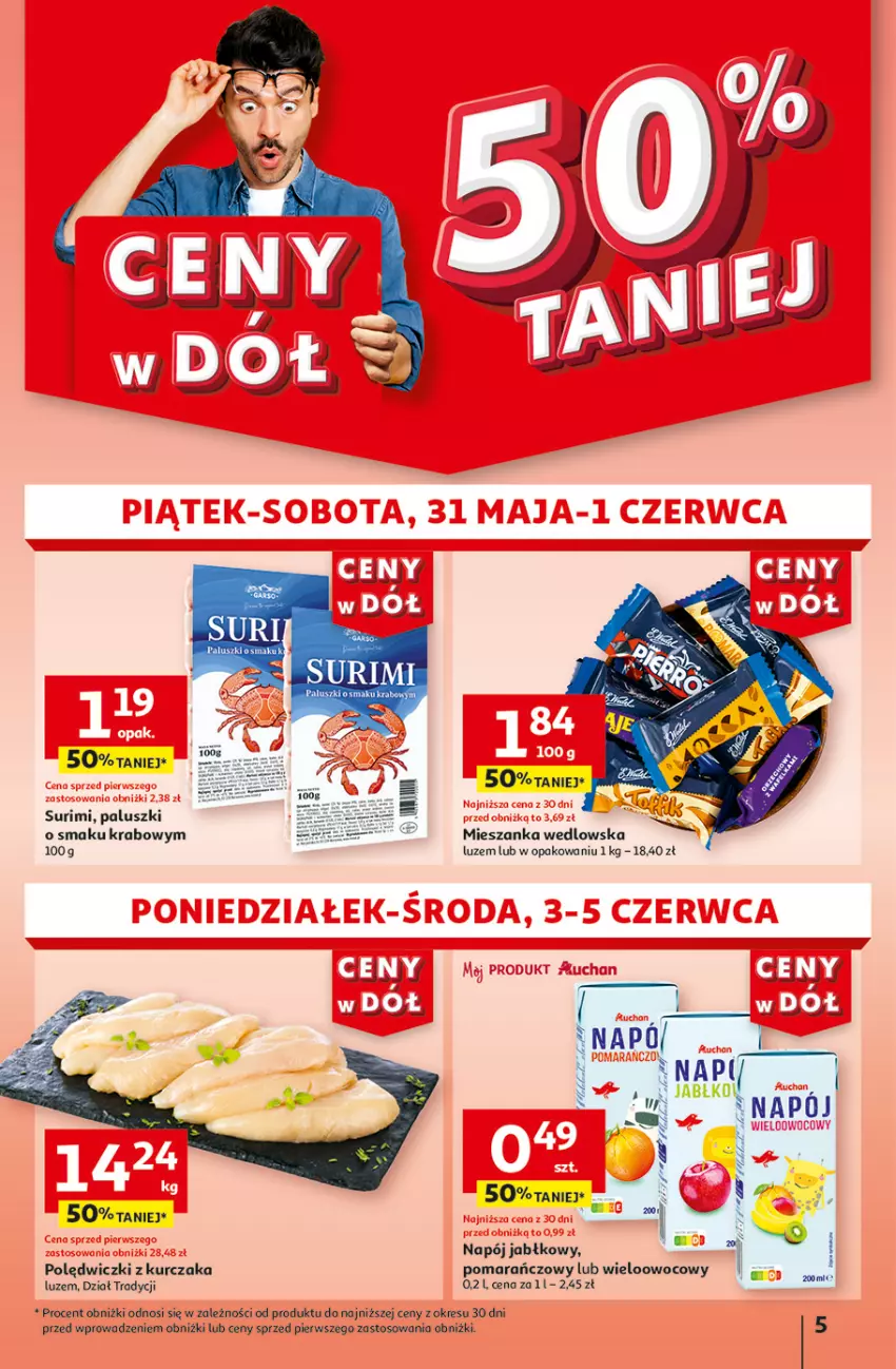 Gazetka promocyjna Auchan - Gazetka CENY W DÓŁ Hipermarket Auchan - ważna 31.05 do 05.06.2024 - strona 5 - produkty: Fa, Kurczak, Mieszanka wedlowska, Napój, Polędwiczki z kurczaka, Surimi