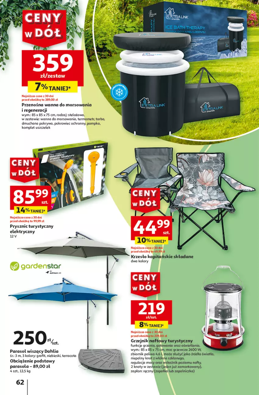 Gazetka promocyjna Auchan - Gazetka CENY W DÓŁ Hipermarket Auchan - ważna 31.05 do 05.06.2024 - strona 62 - produkty: Gra, Grzejnik, Krzesło, Parasol, Pokrowiec, Pokrywa, Pompka, Termometr, Torba, Wanna, Zapalniczka