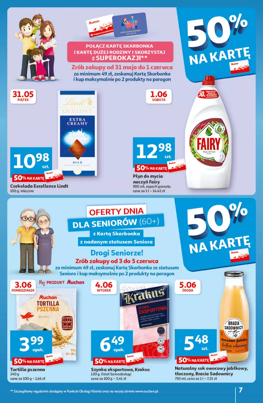 Gazetka promocyjna Auchan - Gazetka CENY W DÓŁ Hipermarket Auchan - ważna 31.05 do 05.06.2024 - strona 7 - produkty: Czekolada, Do mycia naczyń, Fa, Fairy, Gra, Granat, Krakus, Lindt, Płyn do mycia, Płyn do mycia naczyń, Por, Sok, Sport, Szynka, Tortilla