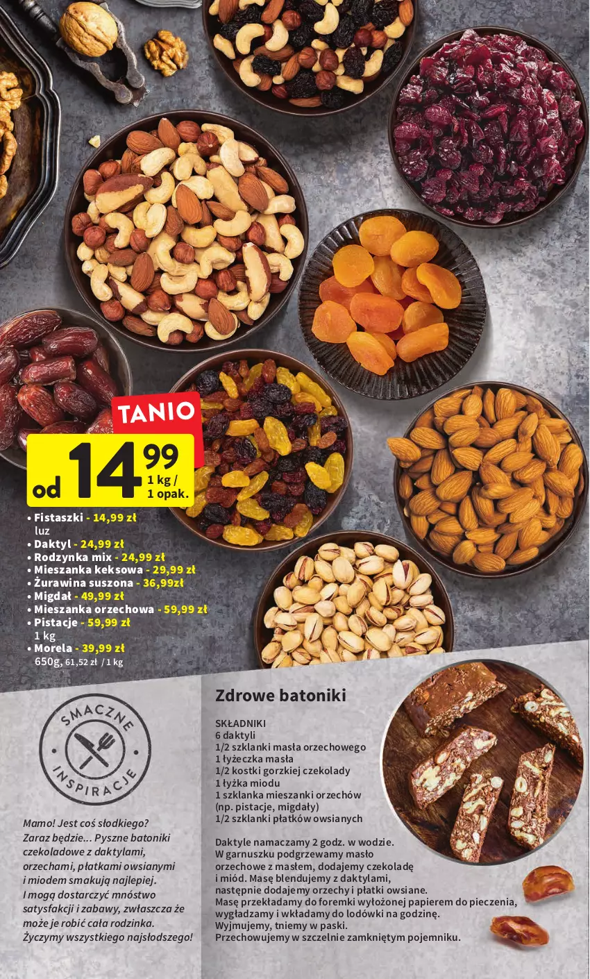 Gazetka promocyjna Intermarche - Gazetka Intermarche - ważna 17.11 do 23.11.2022 - strona 18 - produkty: Baton, Daktyle, Fa, Foremki, Inka, Lanki, Masło, Masło orzechowe, Mieszanka orzechowa, Migdały, Miód, Morela, Papier, Piec, Pistacje, Płatki owsiane, Pojemnik, Szklanka, Tonik