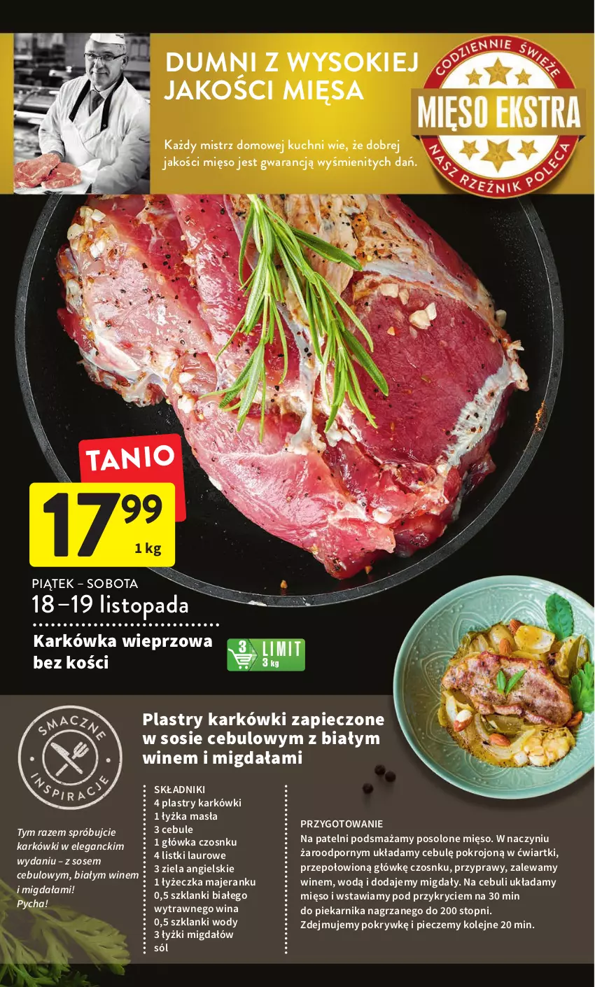 Gazetka promocyjna Intermarche - Gazetka Intermarche - ważna 17.11 do 23.11.2022 - strona 20 - produkty: Karkówka wieprzowa, Lanki, Laur, Mięso, Migdały, Olej, Piec, Piekarnik, Por, Przyprawy, Sok, Sól, Sos, Top