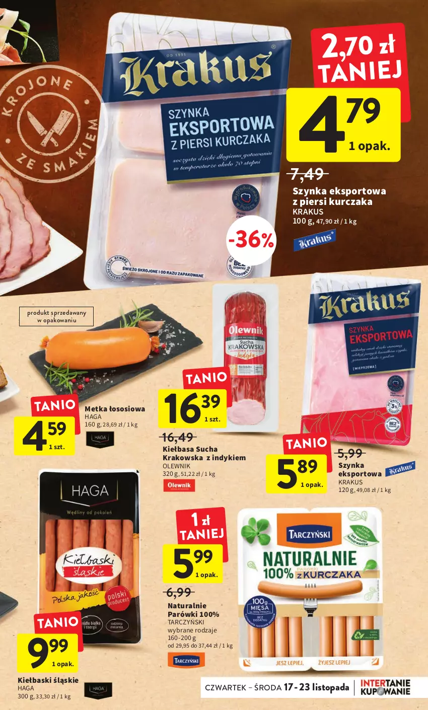 Gazetka promocyjna Intermarche - Gazetka Intermarche - ważna 17.11 do 23.11.2022 - strona 23 - produkty: Kiełbasa, Kiełbaski śląskie, Krakus, Kurczak, Olewnik, Parówki, Por, Sos, Sport, Szynka, Tarczyński, Top