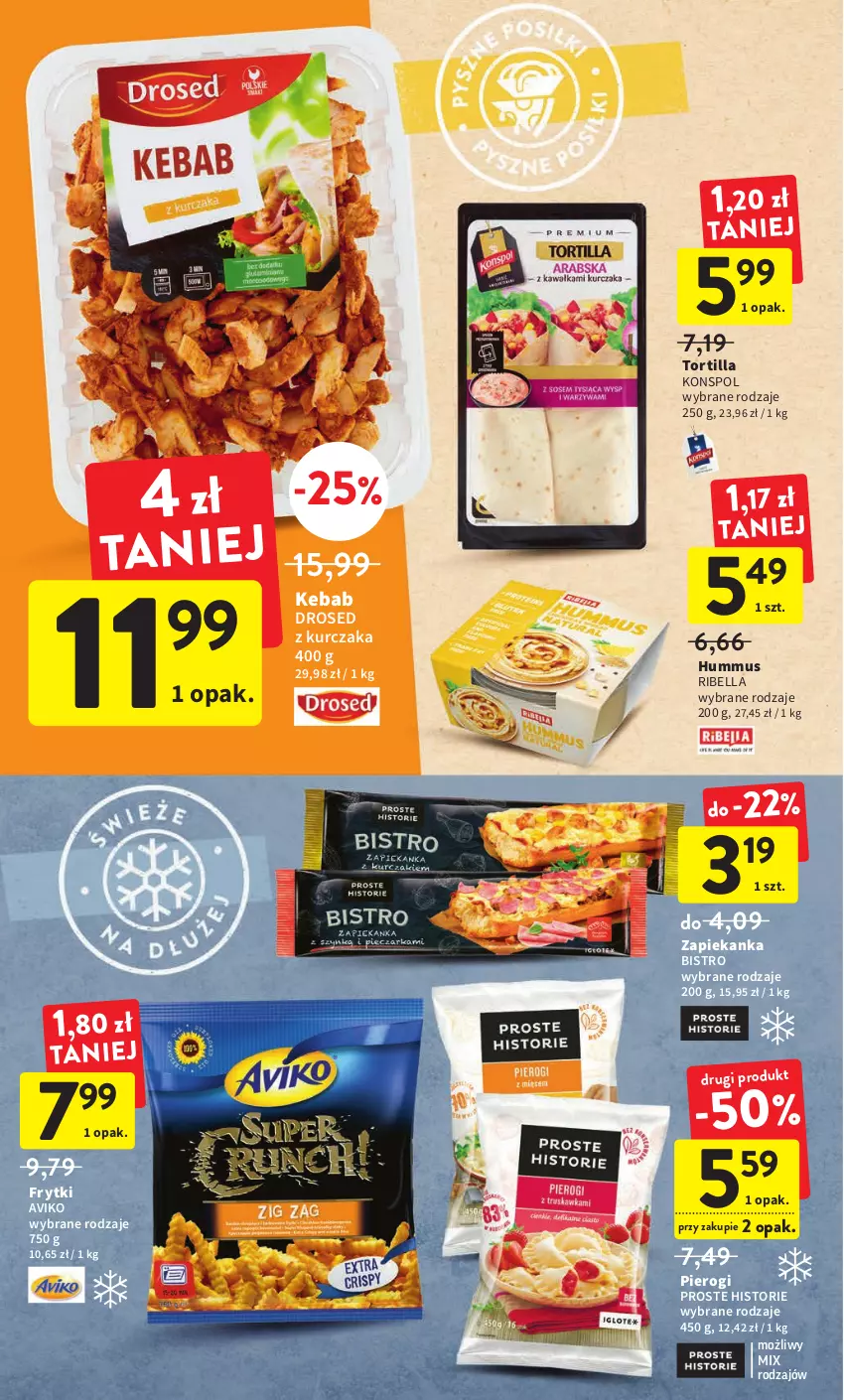 Gazetka promocyjna Intermarche - Gazetka Intermarche - ważna 17.11 do 23.11.2022 - strona 26 - produkty: Bell, Bella, Frytki, Hummus, Kebab, Kurczak, Mus, Pierogi, Tortilla, Zapiekanka