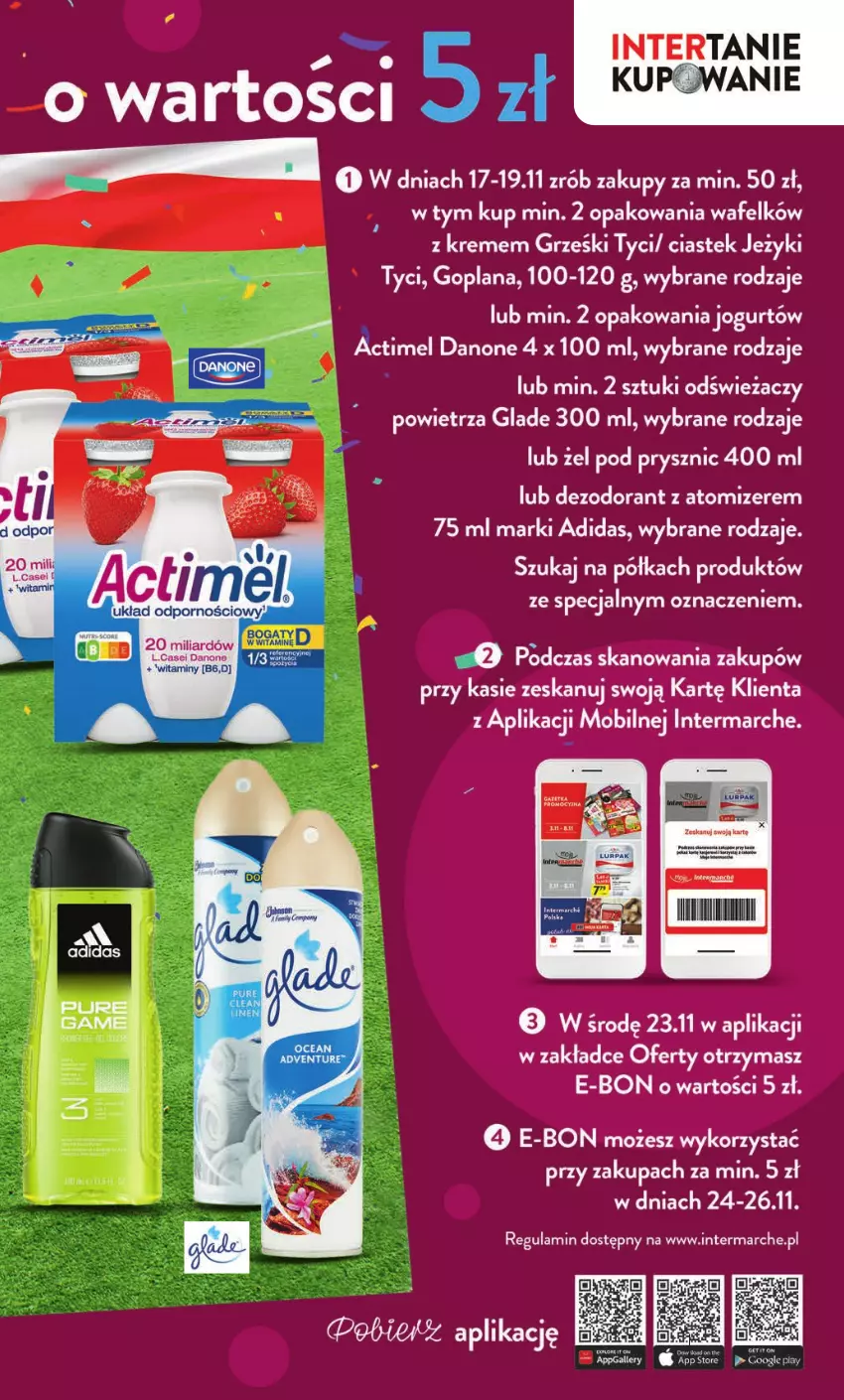 Gazetka promocyjna Intermarche - Gazetka Intermarche - ważna 17.11 do 23.11.2022 - strona 5 - produkty: Actimel, Adidas, Danone, Dezodorant, Goplana, Grześki, Jeżyki, LANA, Mobil, Półka, Stek