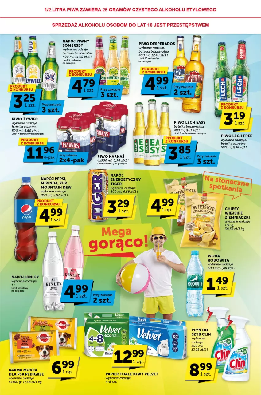 Gazetka promocyjna Groszek - ważna 29.06 do 11.07.2023 - strona 4 - produkty: 7up, Arbuz, Clin, Desperados, Gra, Harnaś, Mięta, Mirinda, Napój, Papier, Papier toaletowy, Pedigree, Pepsi, Piwa, Piwo, Płyn do szyb, Somersby, Tiger, Velvet, Woda